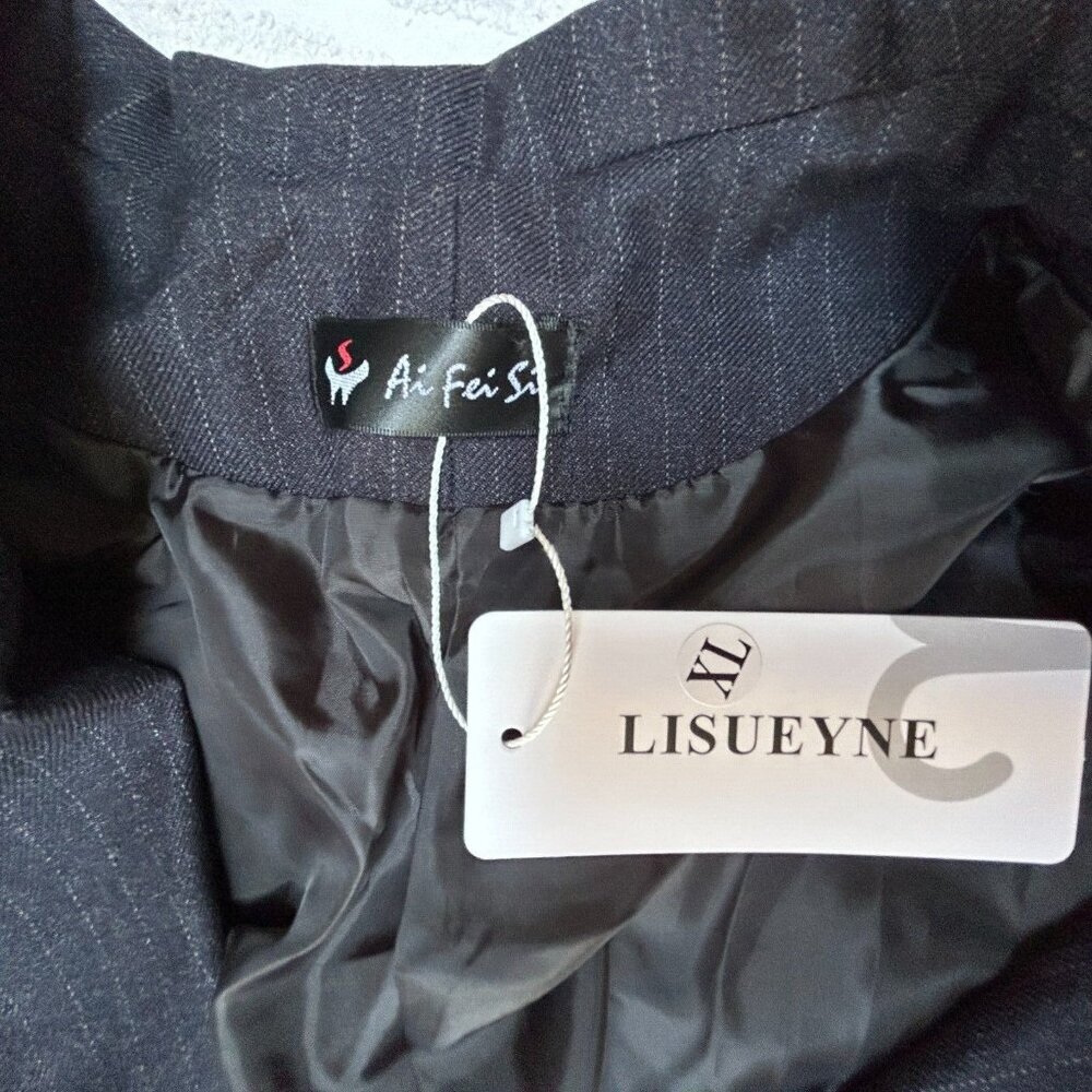 Ai Fei Si Lisueyne Pinstripe 2 Button Double Breasted Suit Jacket XL Black New - Picture 3 of 9